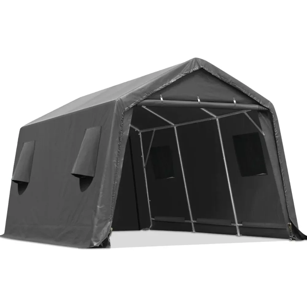 

10x15ft Steel Metal Peak Roof Anti-Snow Portable Garage Carport for Motorcycle,Boat or Garden Tools with 2 Roll up Doors & Vents