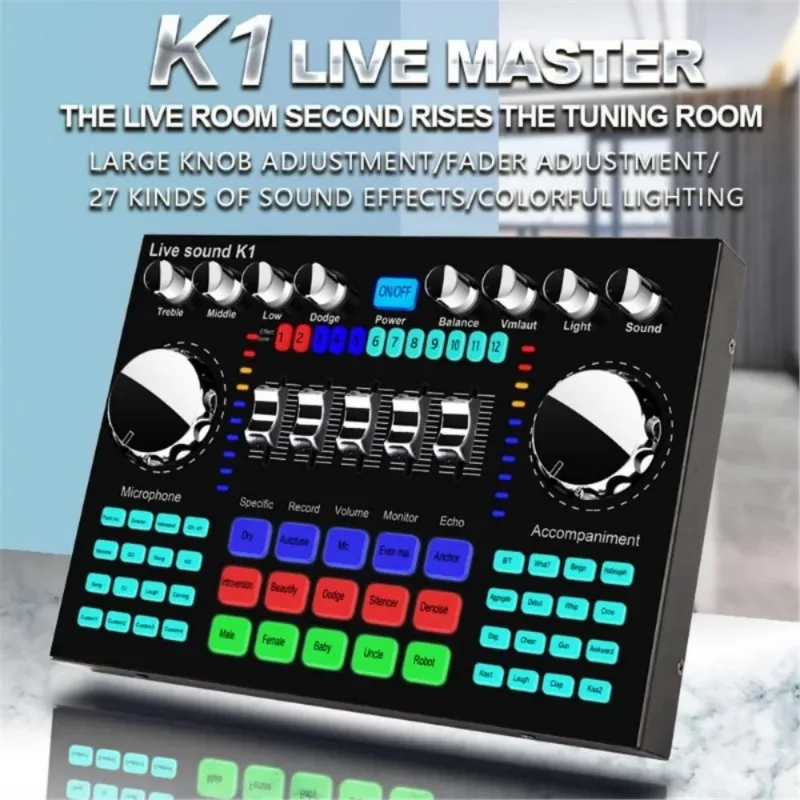 Profissional Live Master Sound Card, Bluetooth Compatível, Mixer Ajustável, Gravação de Música, Durante Performances Karaoke, K1