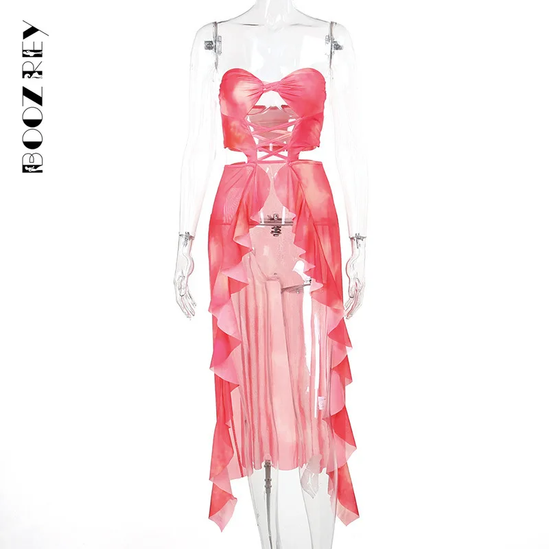 BoozRey 여성용 섹시한 컷 아웃 슬림 프릴 밑단 프린트 드레스, 민소매 스트랩리스, 불규칙한 파티 클럽 망토 세트, 2023 여름