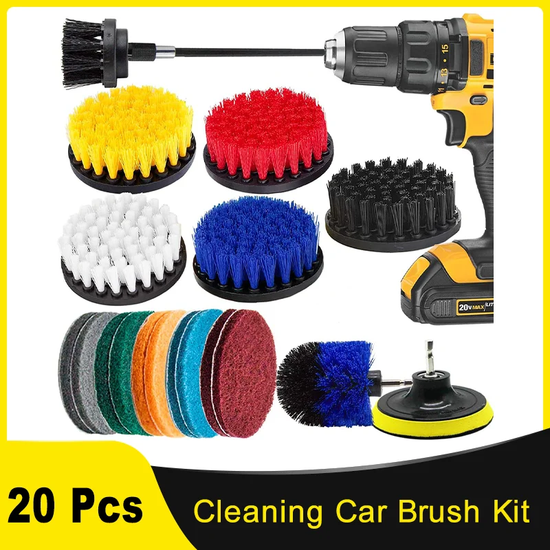 

Cleaning Car Brush Kit 20 Pcs with Long Reach Attachment for Bathroom Shower Scrubbing Carpet Cleaning Grout Scrubbing and Tile