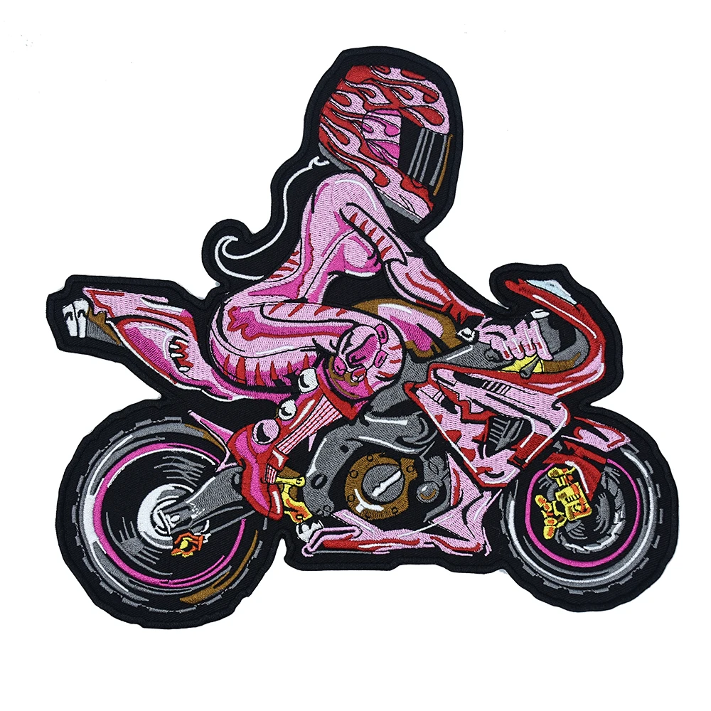 Pink Cool Lady Motorcycle Rider Iron on Embroidery Patches Biker Stickers Clothes Jacket Motorcycle Backpack Big on Badge