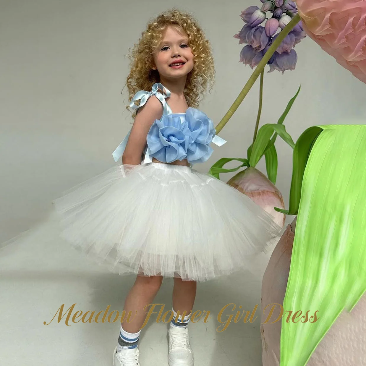 

Meadow Light Blue and White Tulle Flower Girl Dress 3D Flower Baby Kids Birthday Dress Sleeveless Playful Pageant Dress for Girl