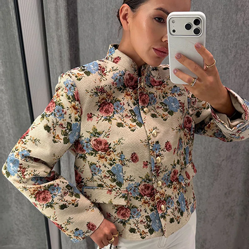 Retro Floral Stand Up Collar Short Woolen Jacket Artistic Autumn Women's Fashion Casual Sports streetwear jacket Top Clothing