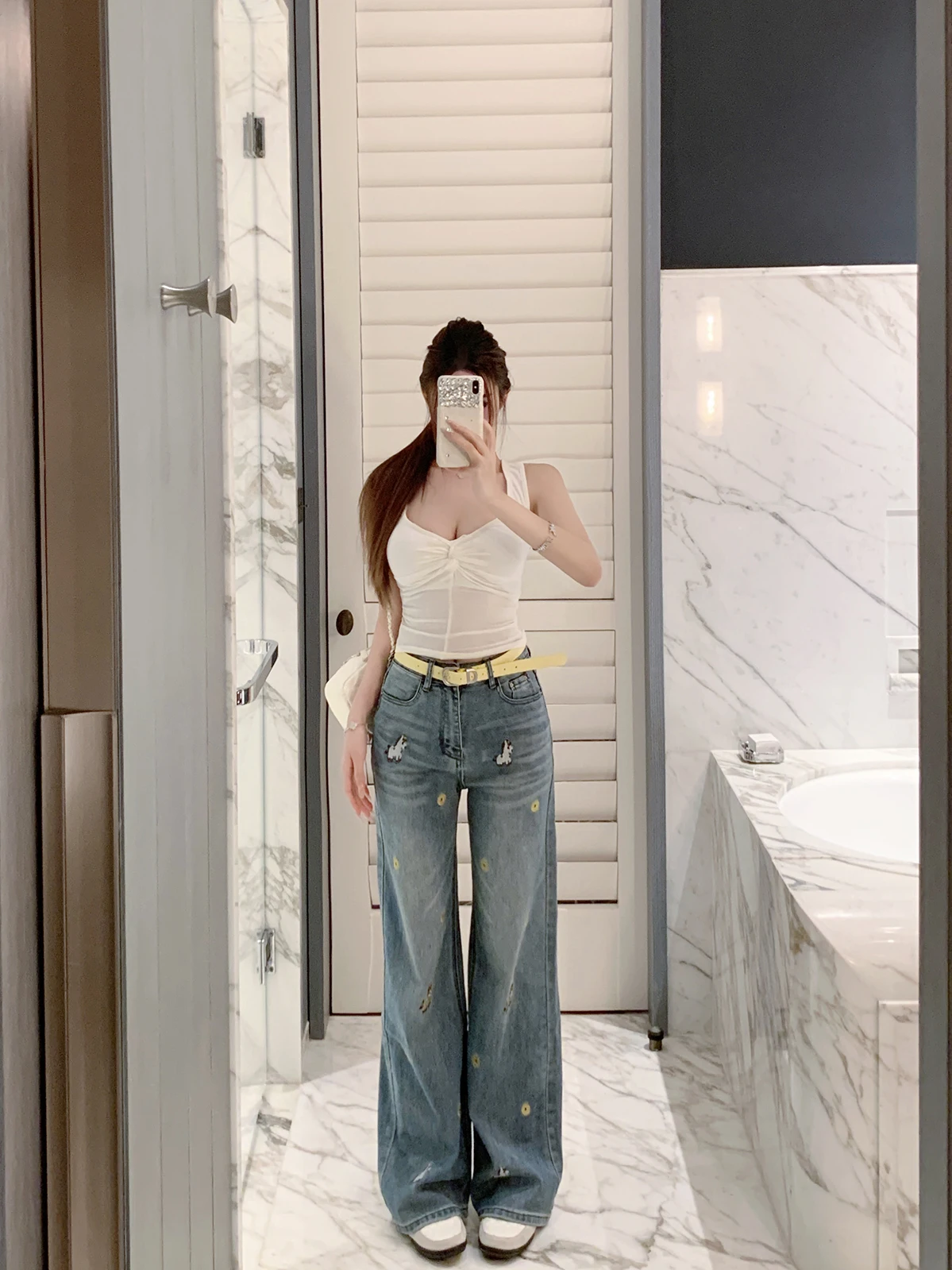 

Джинсы Luna 326: Новые вышитые джинсы с усиленной отделкой, прямой крой, длинные, с поясом, высокая талия, женские, весна-лето