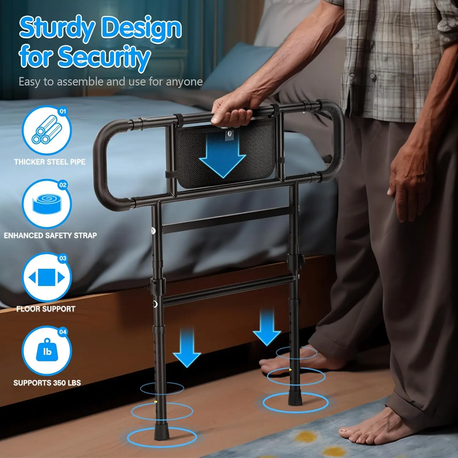 Heavy Duty Bed Assist Rails para Idosos e Adultos, Trilhos de segurança dobráveis, Guarda de cama extensível, H ajustável