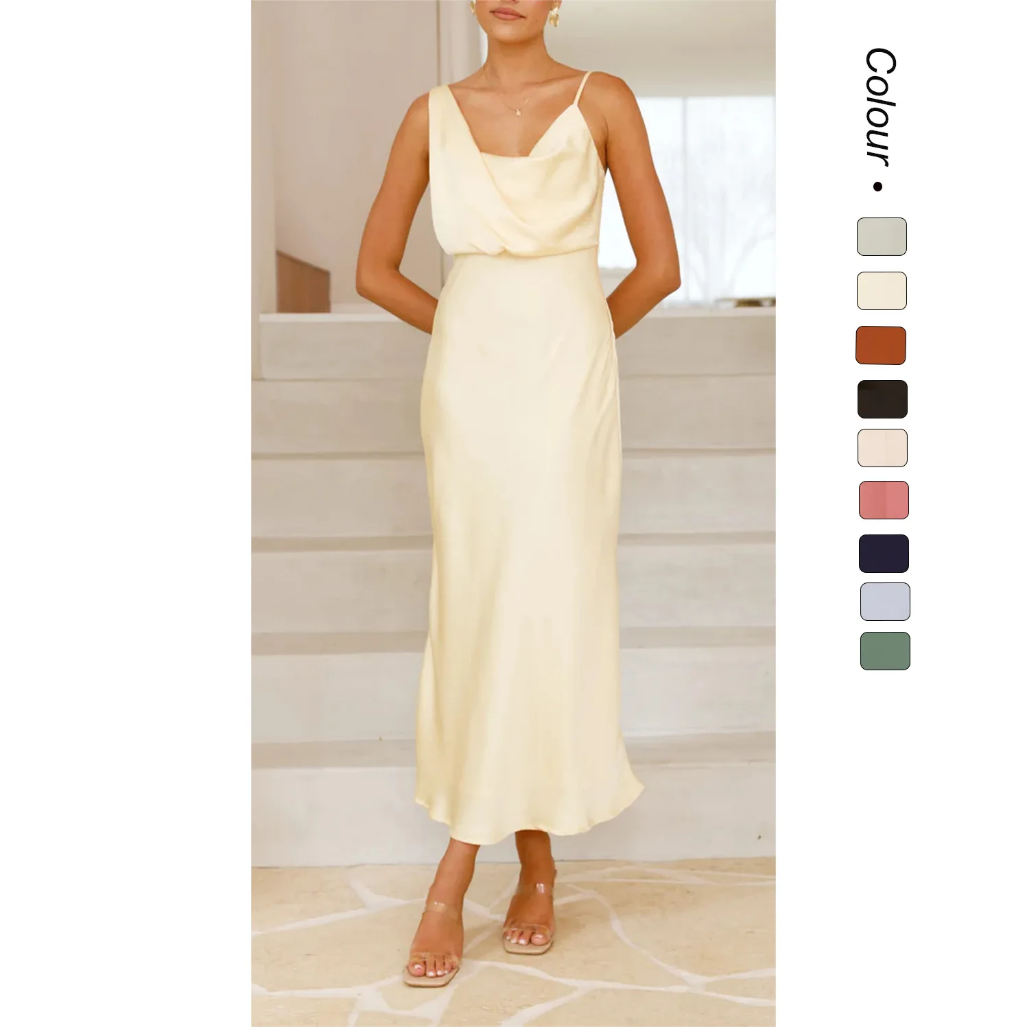 ヨーロッパ系アメリカ人の夏の新しい女性のソリッドカラーのサテンキャミソールセクシーなドレス