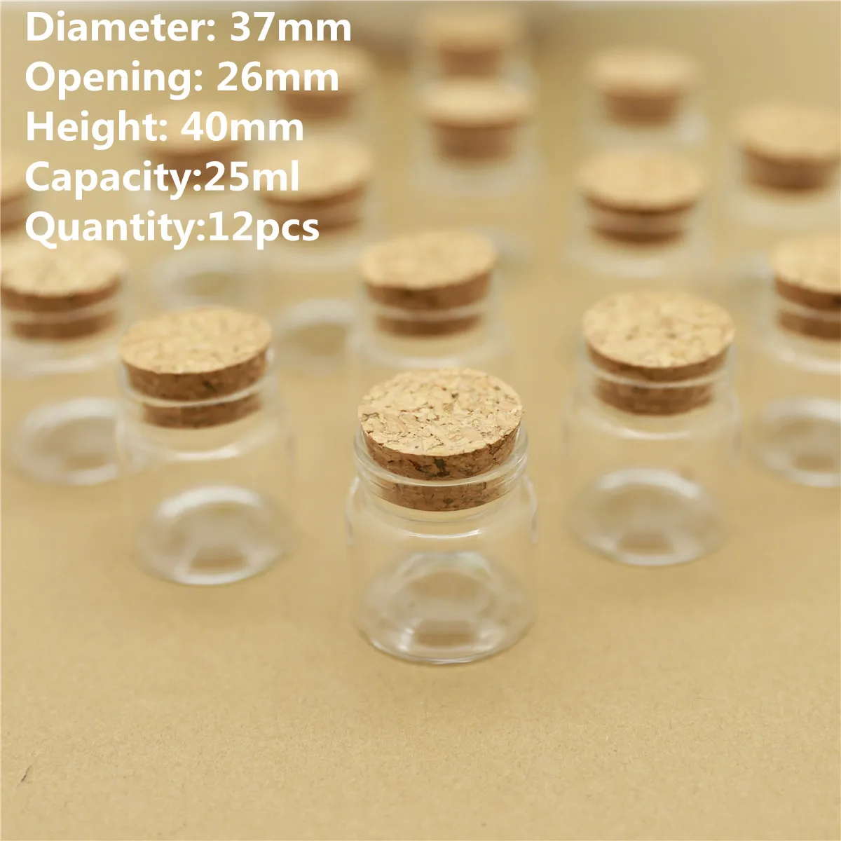 12 pcs/lot 26*37*40mm 25ml Small Glass Bottle Stopper Decorative Glass Jars Cork Bottle Containers tiny Vials wedding Tube