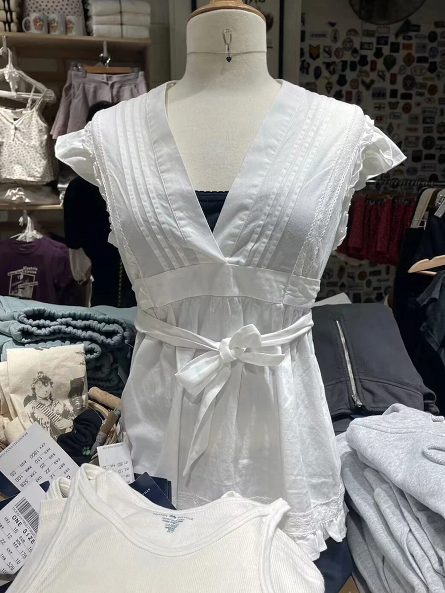 

White Ruffled Chic V-neck T-shirts Women Sexy Lace-up Cute Casual Short Sleeve Tee Female Sweet Vintage Vests Tops Clothes Y2K