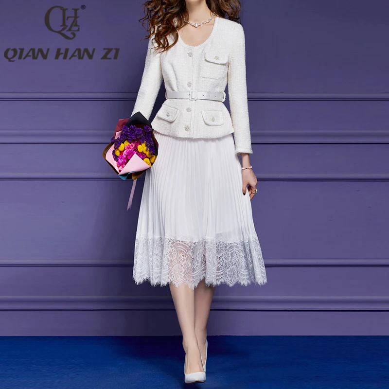 QHZ designer fashion dress autumn winter women button belt Slim Tweed coat Patchwork Pleated Lace Elegant White midi dress