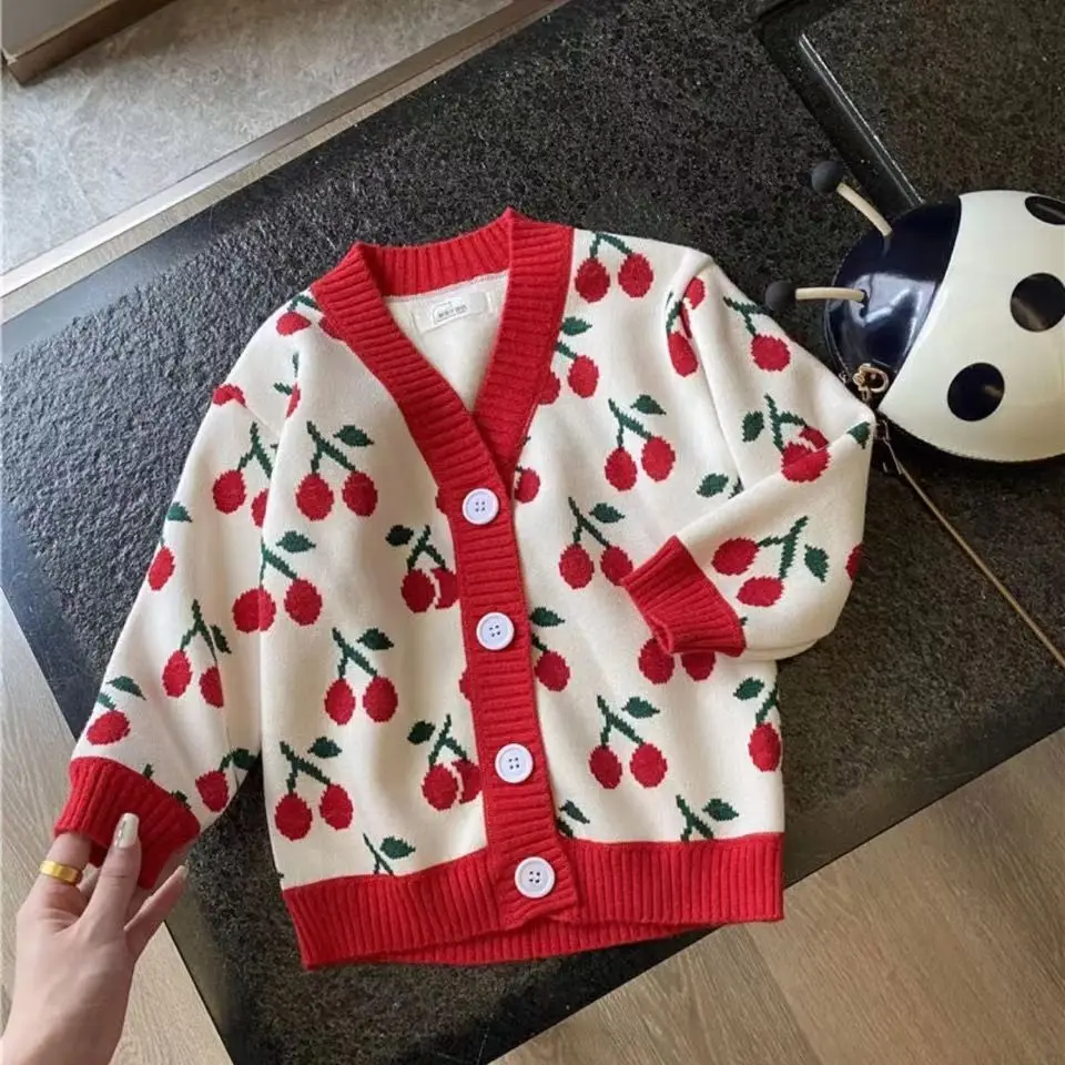 Girls' Knitted Cardigan Spring & Fall New Kidsren's Baby V Neck Sweater Autumn Tops Girls' Style Jackets