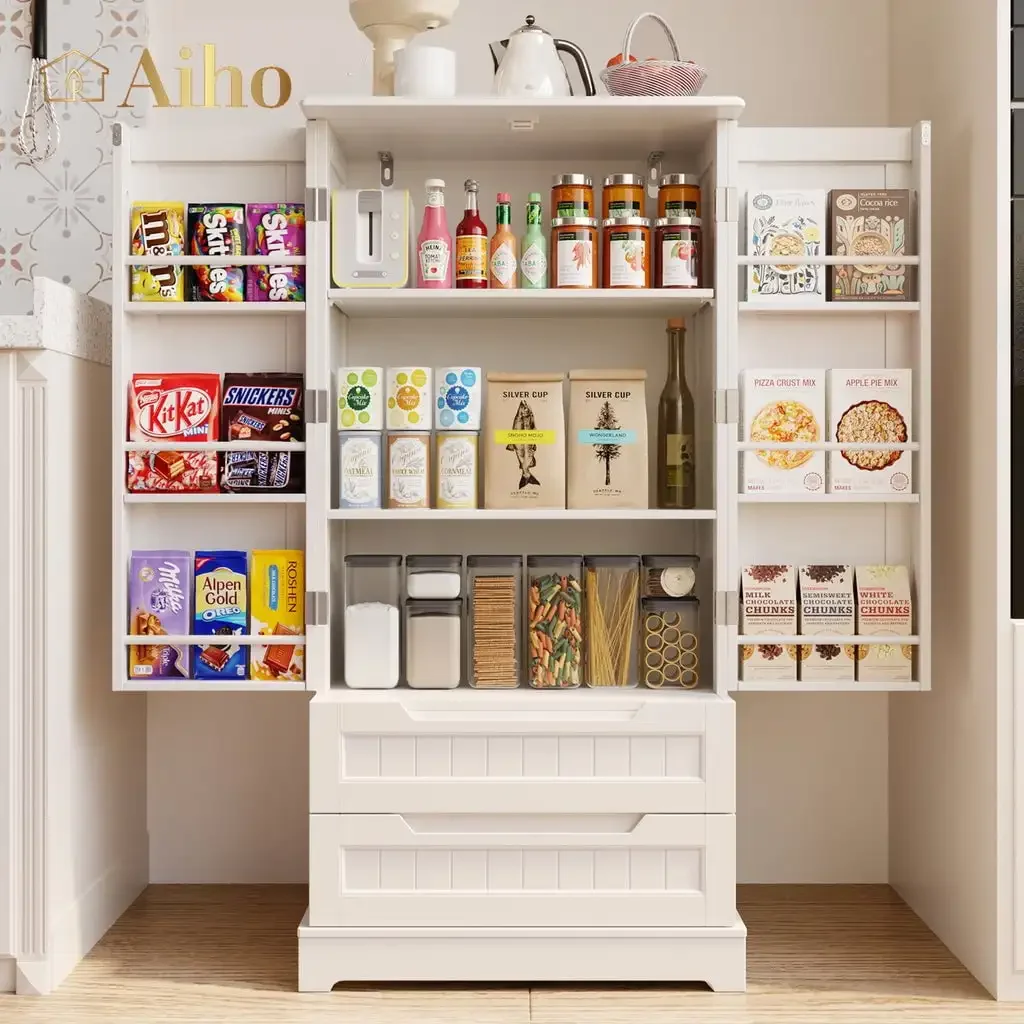 47" H Küchenschrank mit 2 Türen und 2 Schubladen, massiv und robust, Aufbewahrungsschrank für den Eingangsbereich, Küche – Weiß