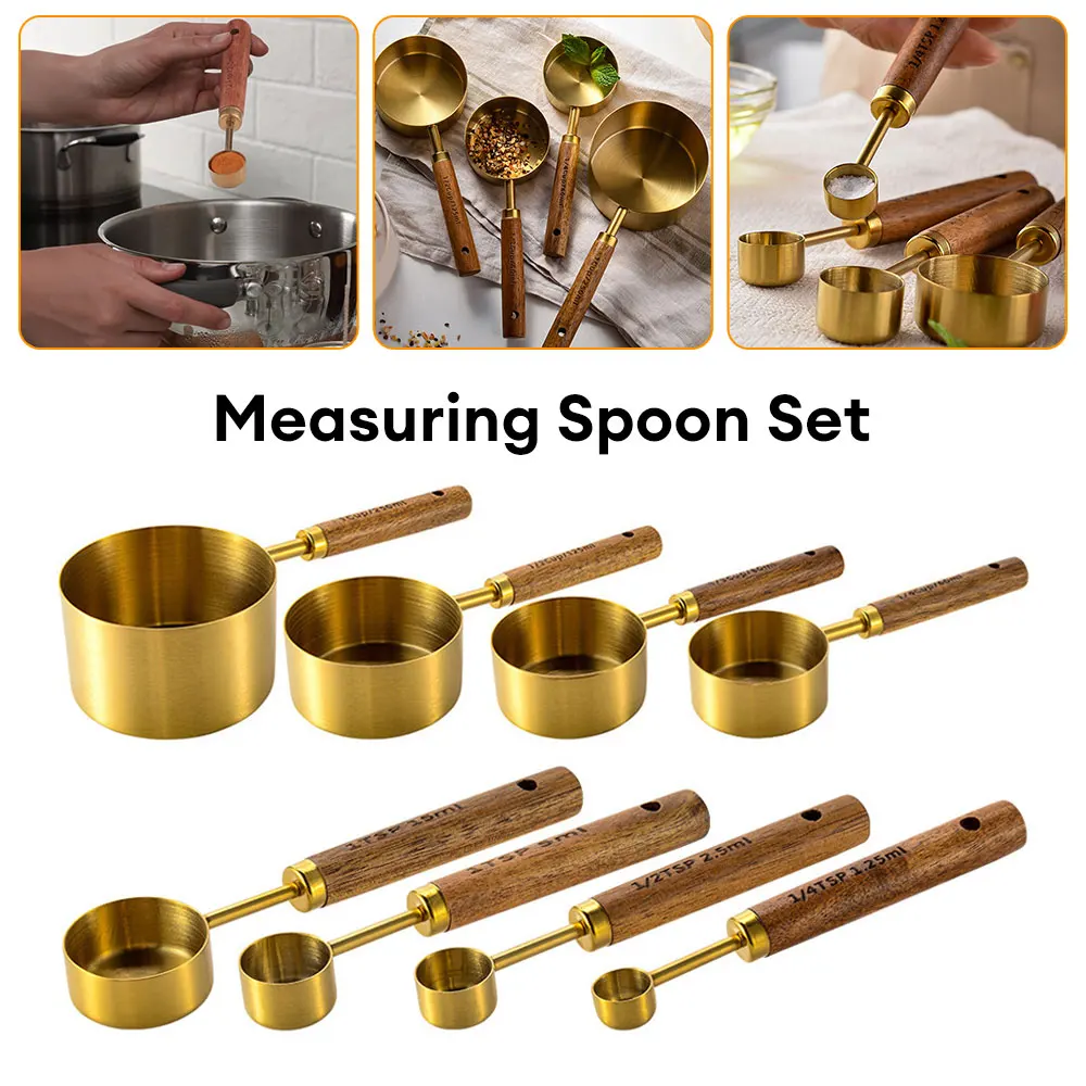 4pcs Measuring Spoon Set Wooden Handle Stainless Steel Measuring Cups Spoons Baking Tools Coffee Bartending Scale Kitchen Tool