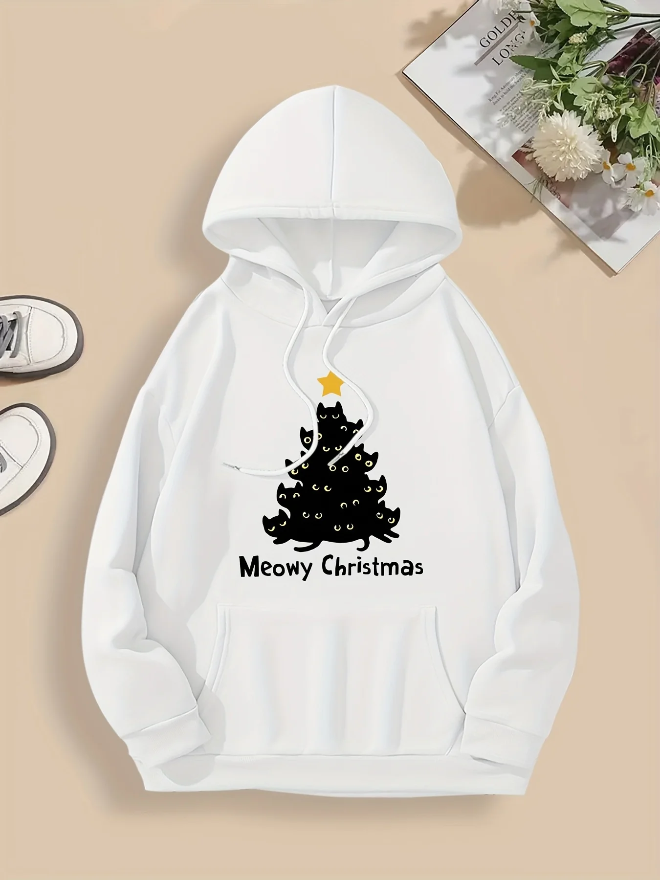 Świąteczna bluza damska z kapturem na jesień i zimę z nadrukiem kota i choinki, bluza Y2k, bluza z długim rękawem, odzież codzienna damska