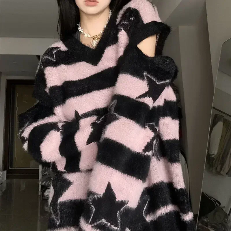 V คอสีดําสีชมพูลายเสื้อกันหนาว Y2k เสื้อผ้าปิดไหล่ Star เสื้อกันหนาวผู้หญิงถักเสื้อ Sueter Mujer Vintage