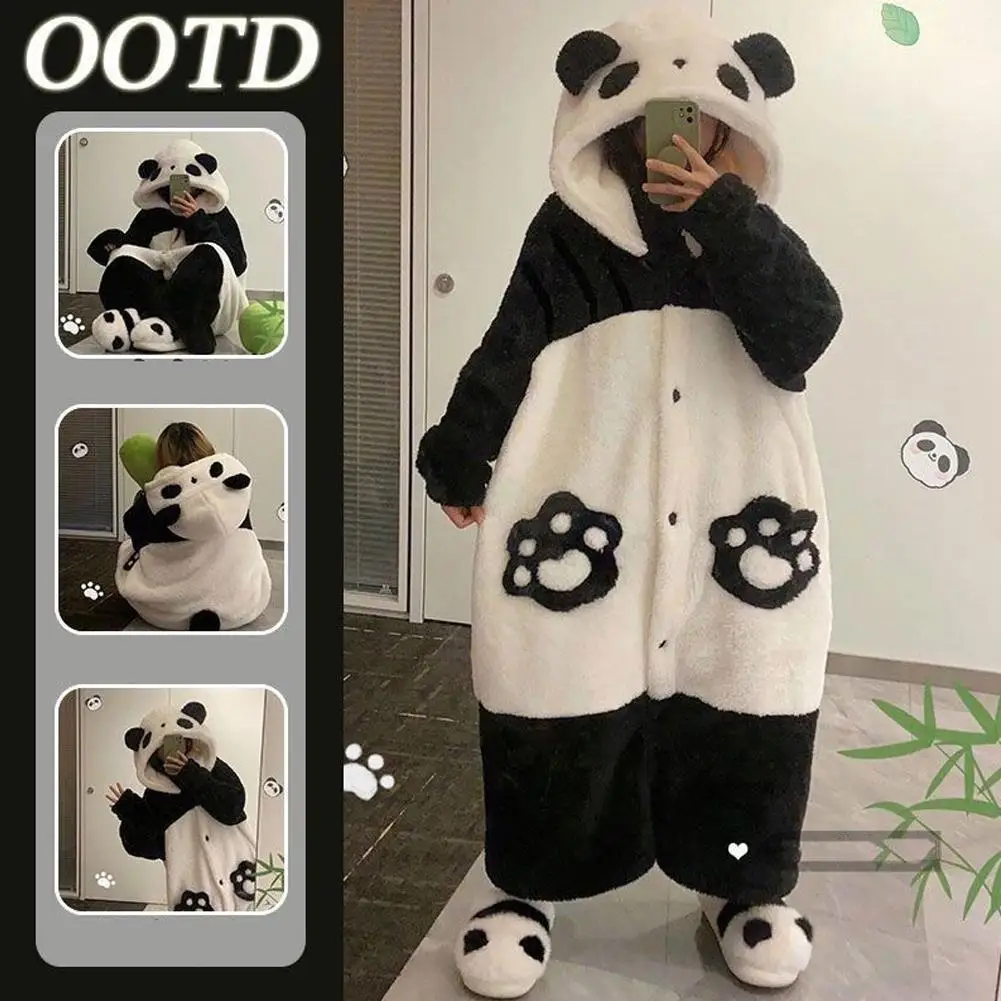 Simpatico panda pigiama vestaglia pantaloni velluto corallo inverno caldo vestiti per la casa set per ragazze pigiama kawaii taglia unica/S/M/L/XL