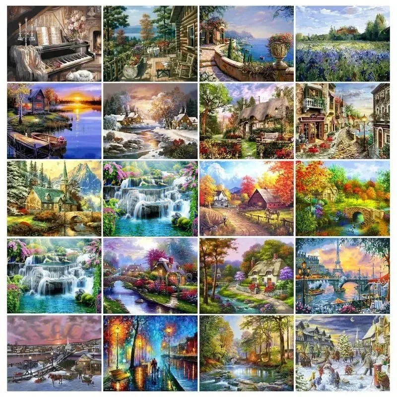 

589602 Painting By Numbers For Adults Village House Gift Diy Craft Coloring By Number Acrylic Paint Kit Waterfall Landscape