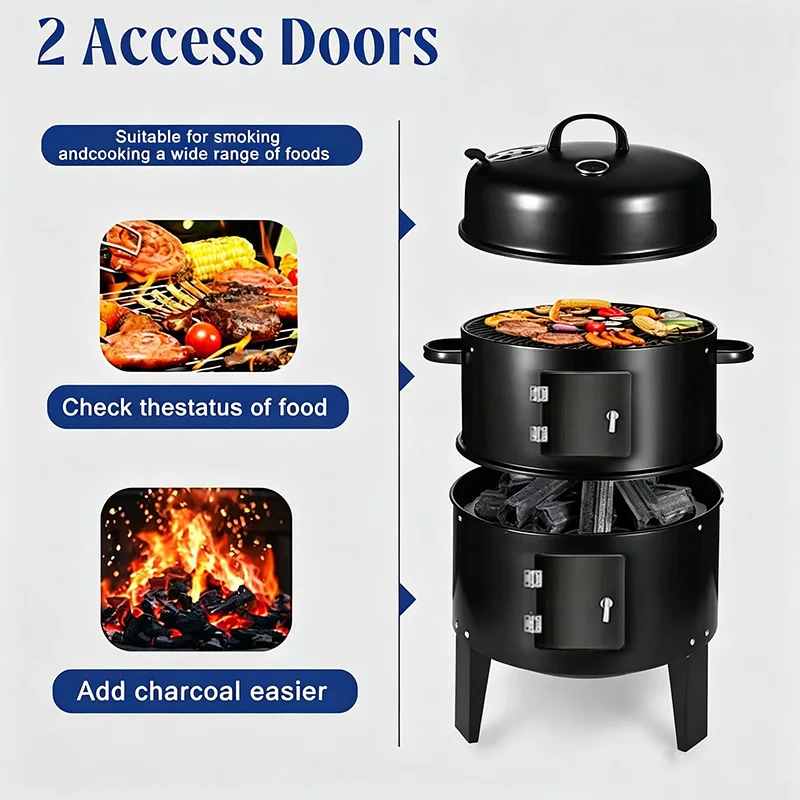 Large Capacity Vertical Charcoal Smoker, All-in-One Roaster & Braising Grill with Thermometer & Air Damper, Full BBQ Kit, Perfect for Camping, Garden BBQ & Family Parties