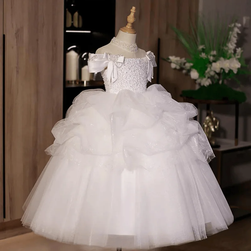 Custom Flower Girl Dress For Wedding Off Shoulder Decorative Satin Bows Cascading Ruffle Multi Layer Air Tulle Above Hem