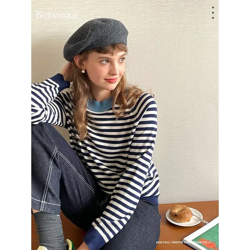 Модный и универсальный полосатый свитер контрастного цвета с круглым вырезом и длинными рукавами для женщин весной и осенью, элегантный топ