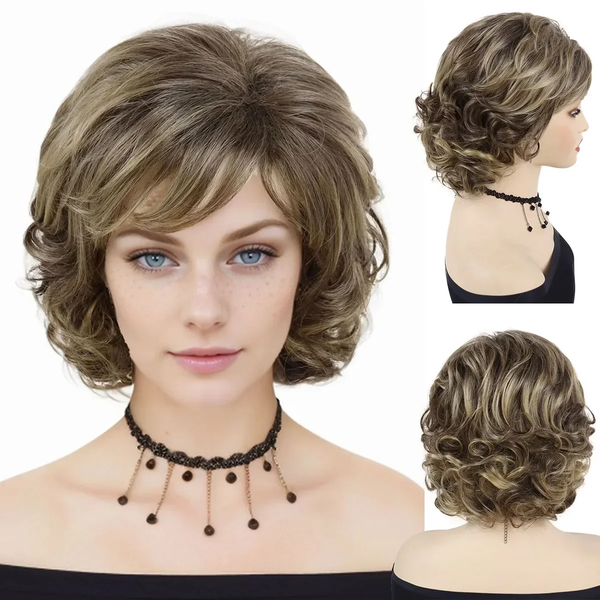 

Synthetic Short Brown Curly Wigs for Women Natural Hairstyle Mommy Wigs Short Haircut Bob Wig Curl Hair Female Wig with Bangs