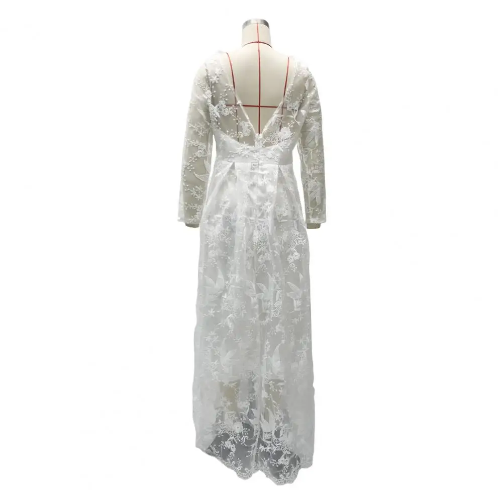 Bride Dress V Neck Long Sleeves Back Zipper Closure Wedding Dress Women Evening Dress Lace Floral Embroidered A-line Big Swing