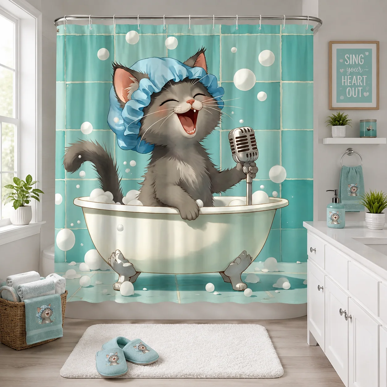 2D Flat, 2D Flat, 2D Flat Shower Curtain 1pc, Mcca Cute Cat Singing Shower Curtain, Polyester Comfortable Fabric, Multi-Size Selection, Special Boutique Hotel, Creating a Dreamy Healing Atmosphere, Creating a Natural Healing Atmosphere