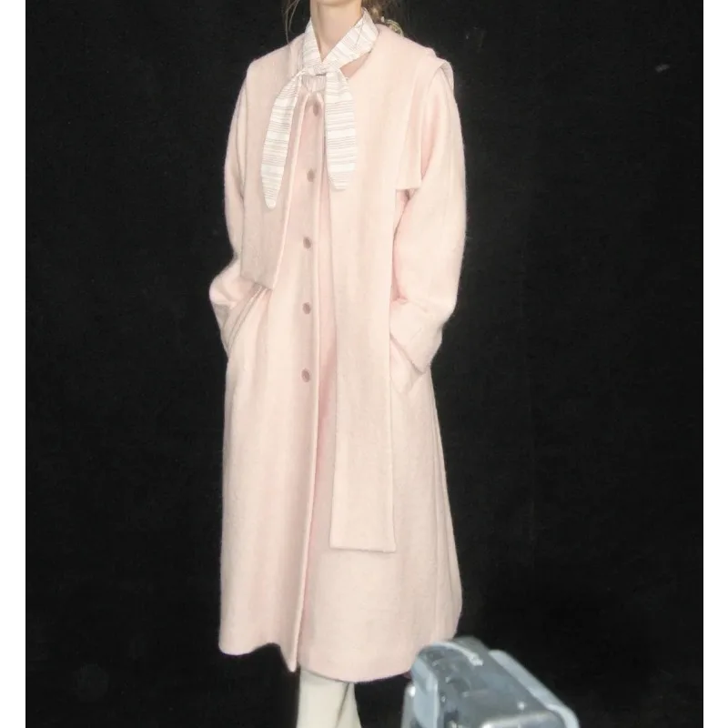 Gentle and Sweet Pink Three-dimensional Scarf Woolen Coat Women's Winter Small Person High-end Temperament Long Woolen Coat