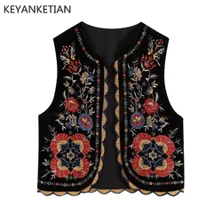 KEYANKETIAN Spring New Tribal Ethnic Style Floral Embroidery Velvet Texture Buckless Vest Women's Short Top Thin Outerwear