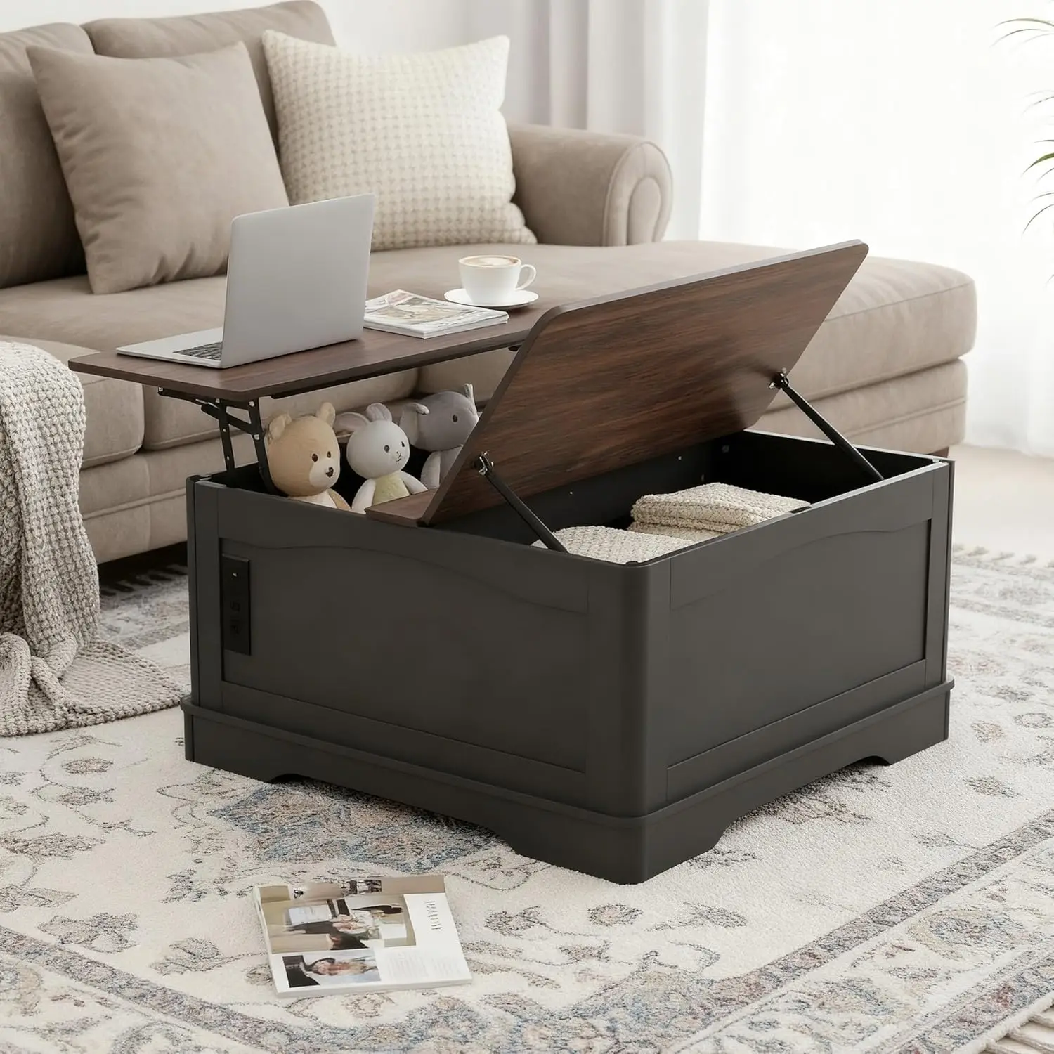 

Lift Top Coffee Table with Hidden Storage and Power Outlets, 35.4 Square Center Table Solid Matte Finish, Hidden, Customized