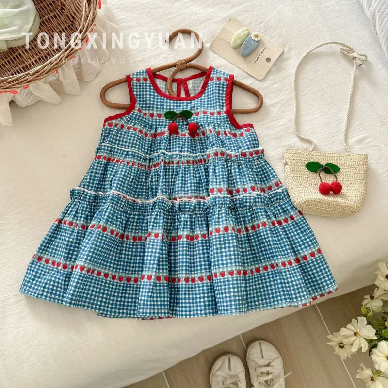 

Children's Clothing Summer New Girls' Sweet Blue Plaid Sleeveless Dress Baby Girls' Cherry Vest Dress