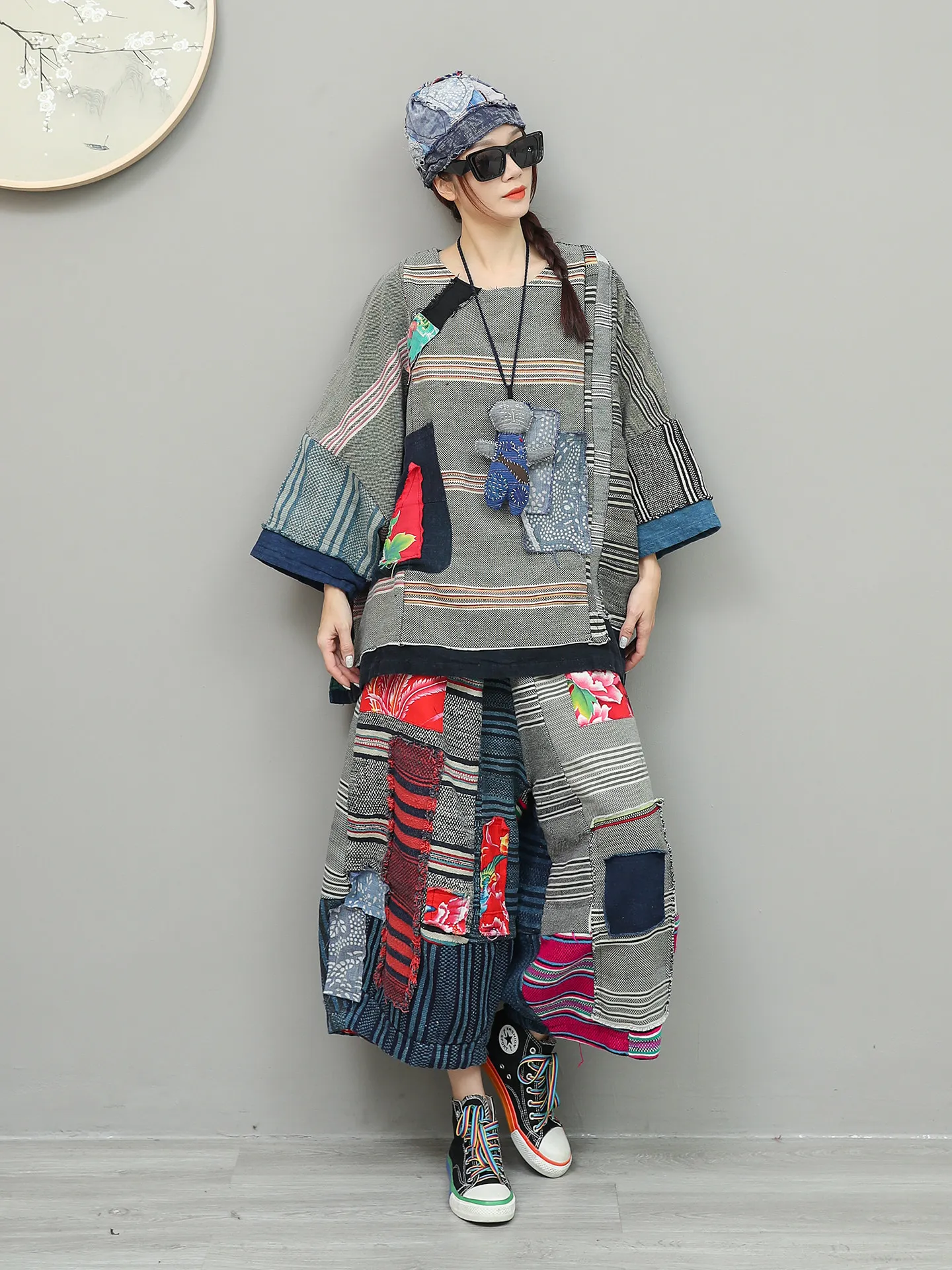 Retro Ethnic Style Patchwork Patch Long Sleeved Top Elastic Waist Straight Pants Two-piece Set Women's Spring Loose Casual Suit