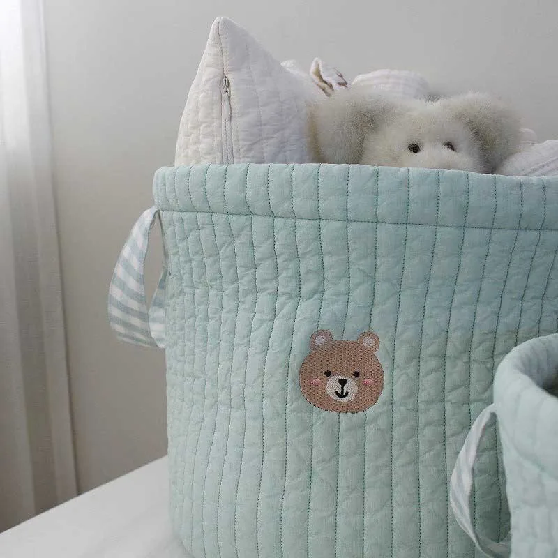 Baby Diaper Storage Basket Cute Bear Embroidery Nappy Bag Portable Caddy Organizer Cart Storage Cotton Mommy Bag