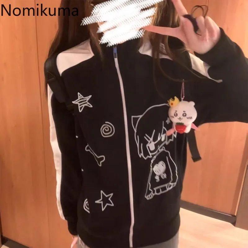 2024 Women Clothing Japanese Cute Jackets Stand Neck Zipper Outwear Y2k Tops Casual Fashion Anime Print Oversized Coats 49B532