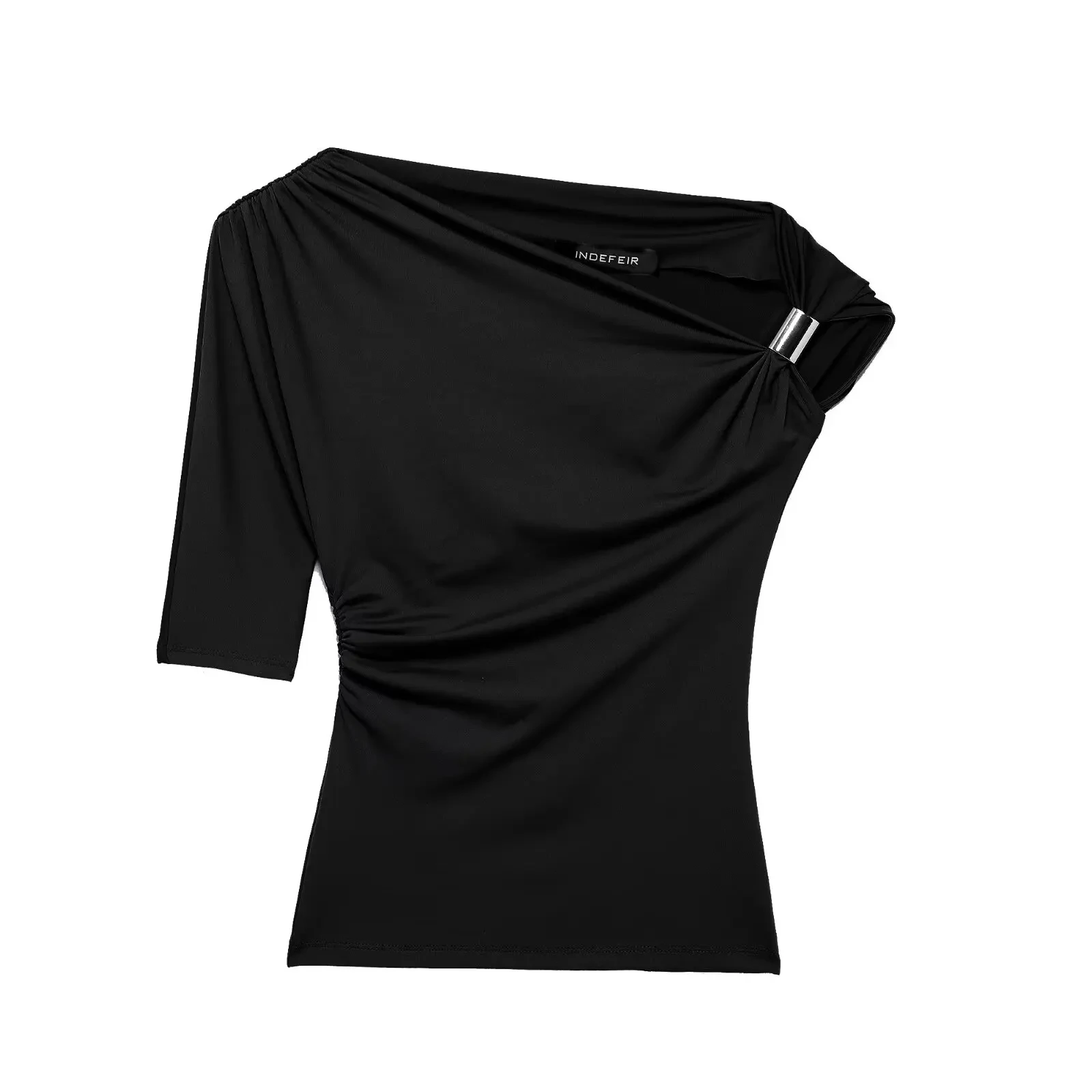 HH 2025, Frühling, Damen, sexy, asymmetrisch, faltig, Weste, schick, schmaler Kragen, One-Shoulder-Damen, schmales T-Shirt, Top, Straßenkleidung – Detail 3