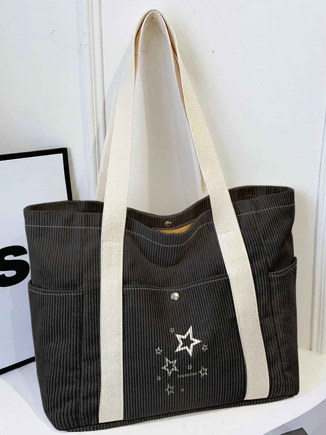 Star Print Corduroy Tote Bag, Large Capacity Multi Pocket Shoulder Bag for School Shopping Daily Use