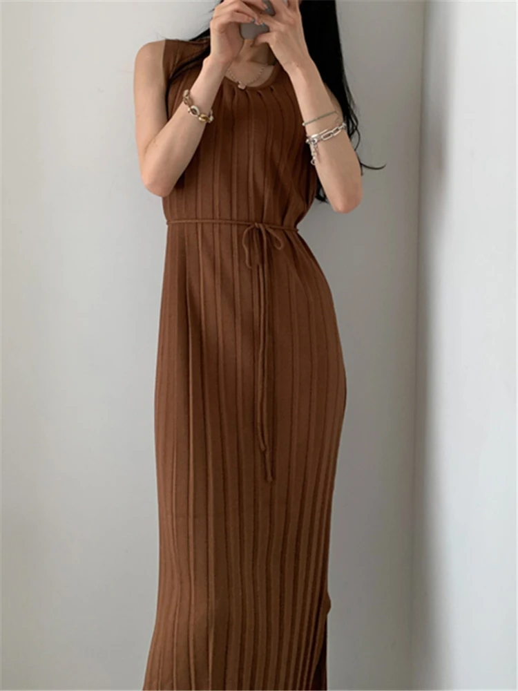 REALEFT Summer Sleeveless Women's Pleated Knitted Long Dresses Sashes High Waist New 2023 Loose Korean Straight Dresses Female