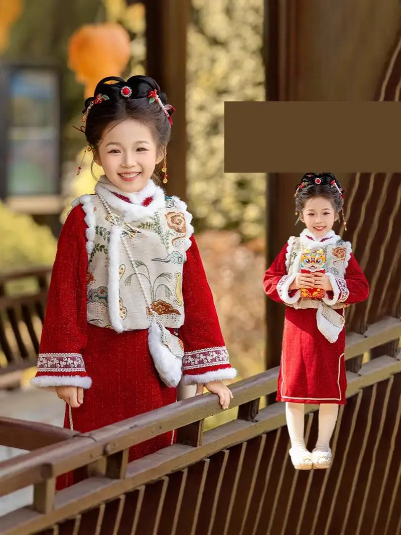 Roupas tradicionais chinesas de ano novo para meninas, hanfu, outono e inverno, cheongsam de bebê, pequenos trajes festivos vermelhos adicionam veludo