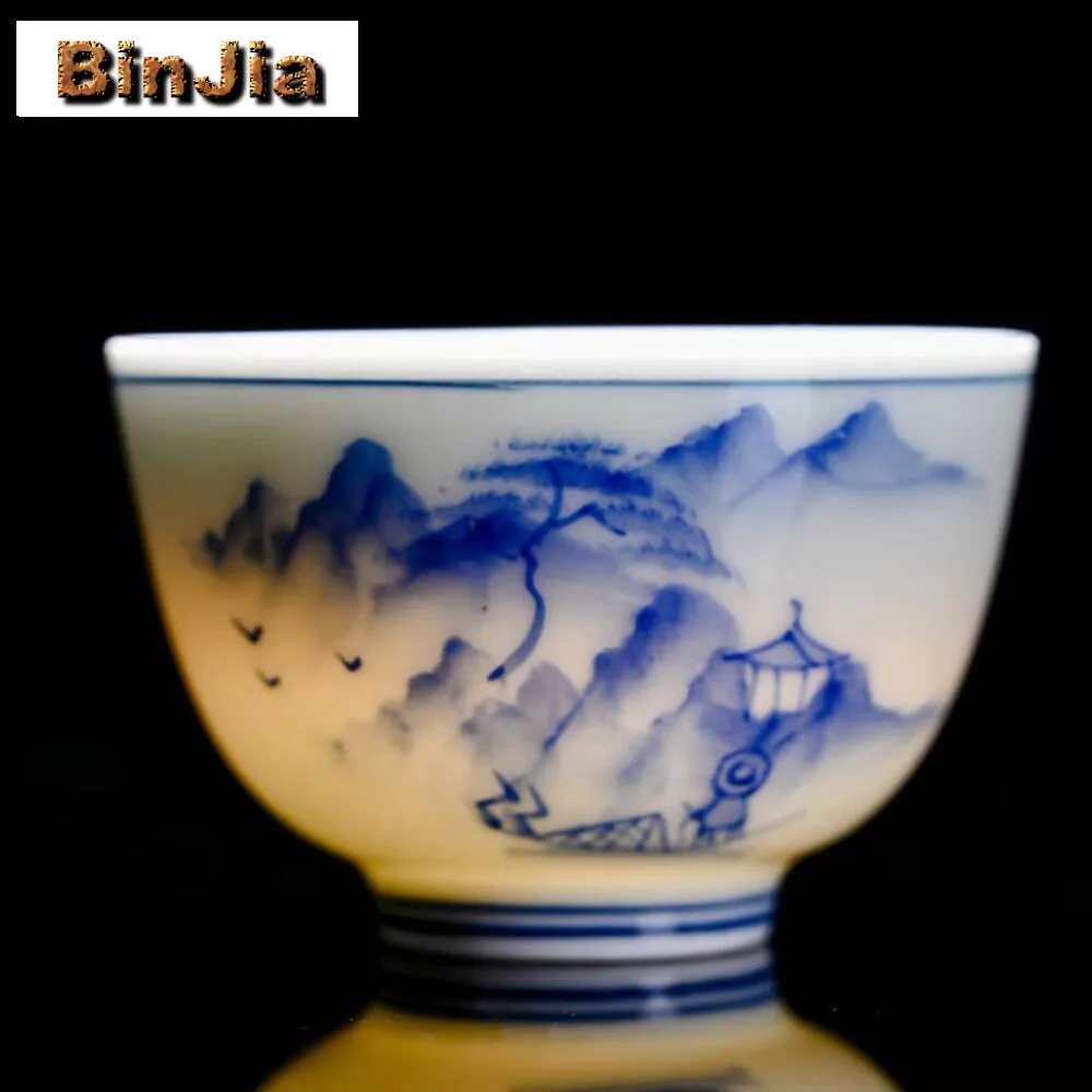 

2 шт./лот, ручная роспись, пейзажная чашка для чая, синий и белый фарфор, зеленая чаша Master Shadow, набор чашек, кунг-фу, посуда для напитков, украшения