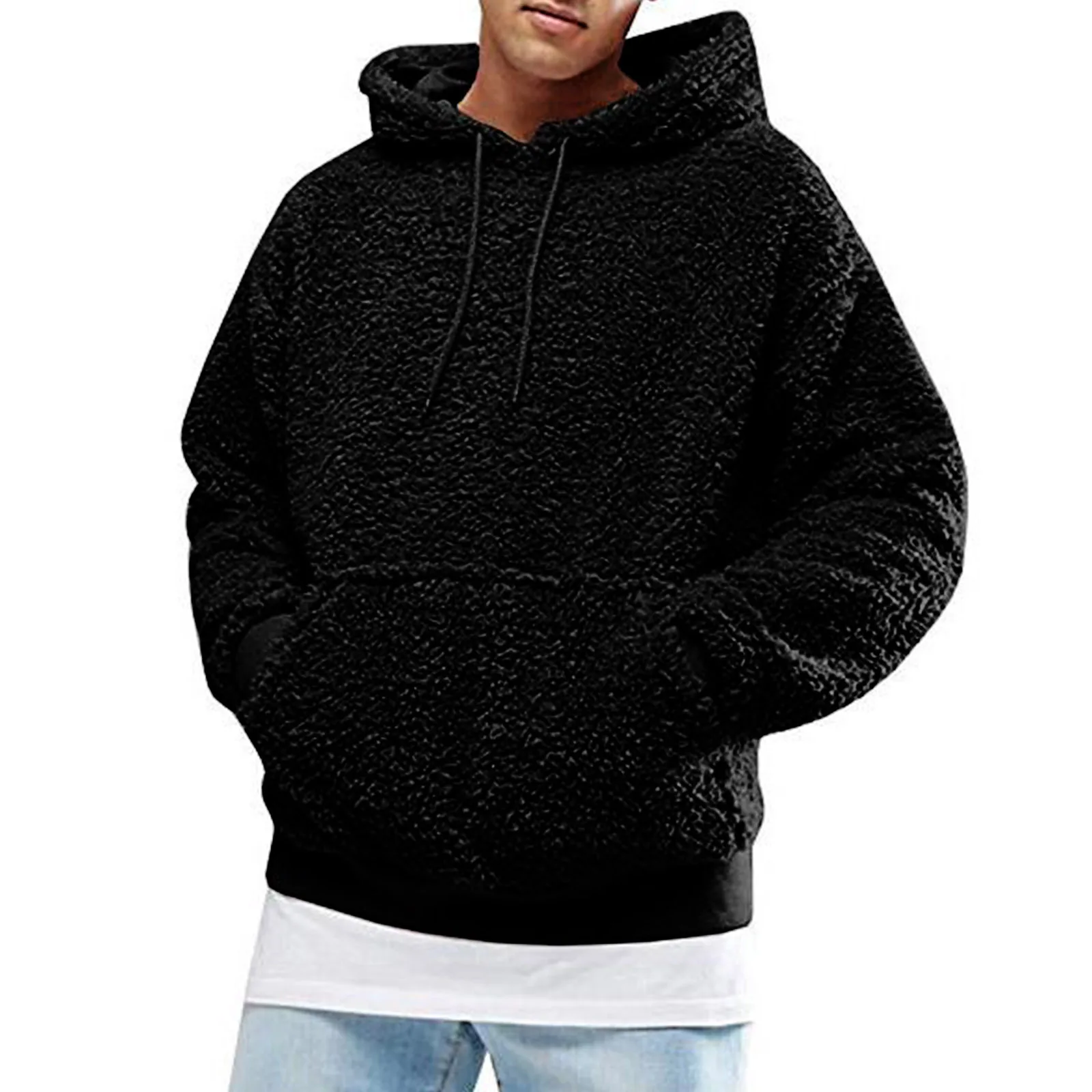 

Men Fuzzy Sherpa Hoodie Pullover Sweatshirts Cozy Pocket Long Sleeve Fall Winter Hooded Outwear