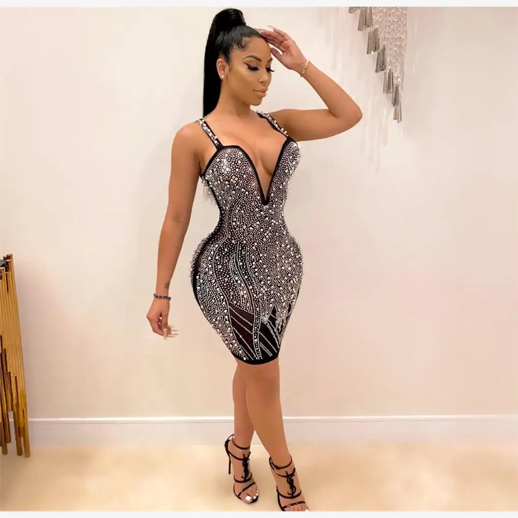 

Sexy Me Drill Sling Dr V-ne Pearl Beaded Bodycon Gown Polyester Fiber Summer Season Svel Zipper Closure Pencil S...