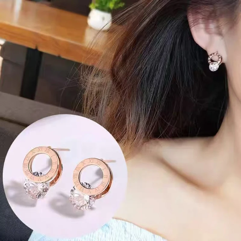 Luxury Zircon Stainless Steel Earring Romantic Roman Numeral Circle Ladies Earrings Classic Rose Gold Color Women Jewelry