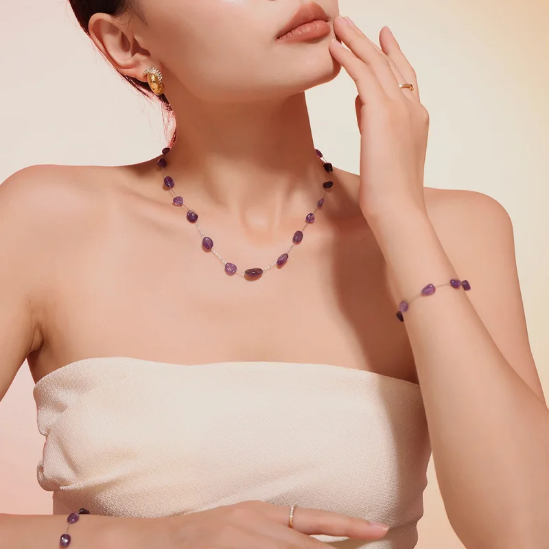 【Mirrordust】سوار من الحجر الطبيعي الأرجواني غير المنتظم على الطراز البوهيمي وقلادة على شكل عظمة الترقوة مجموعة فاخرة خفيفة للنساء