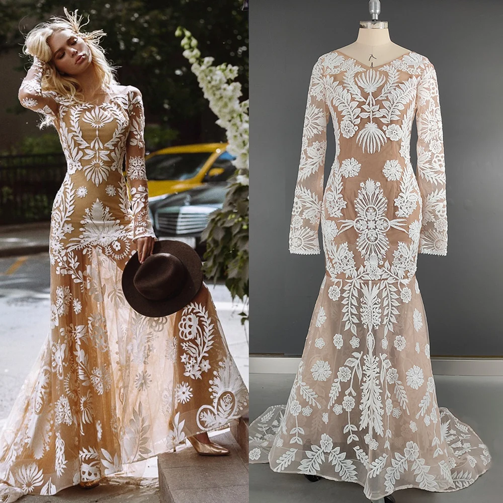 Boho Mermaid Embroidery Floral Lace Wedding Dress Overweight Long Sleeve Custom Made Gypsy Backless Bateau Elopement Bridal Gown