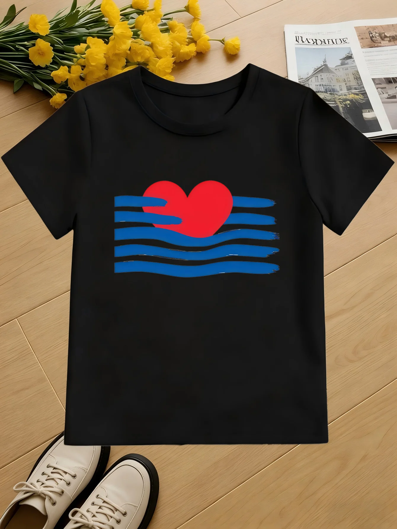 Red Heart Blue Wave Kids Simple Love Graphic Print Boys Girls Family Matching Cotton Summer Short Sleeve Basic Children Tshirt