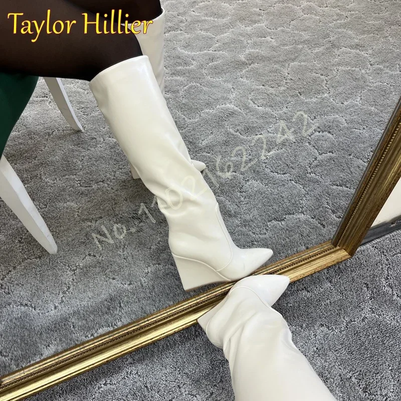 Белые матовые ботинки на танкетке, женские сапоги до колена с острым носком и боковой молнией, пикантные элегантные роскошные трендовые осенние длинные сапоги для женщин