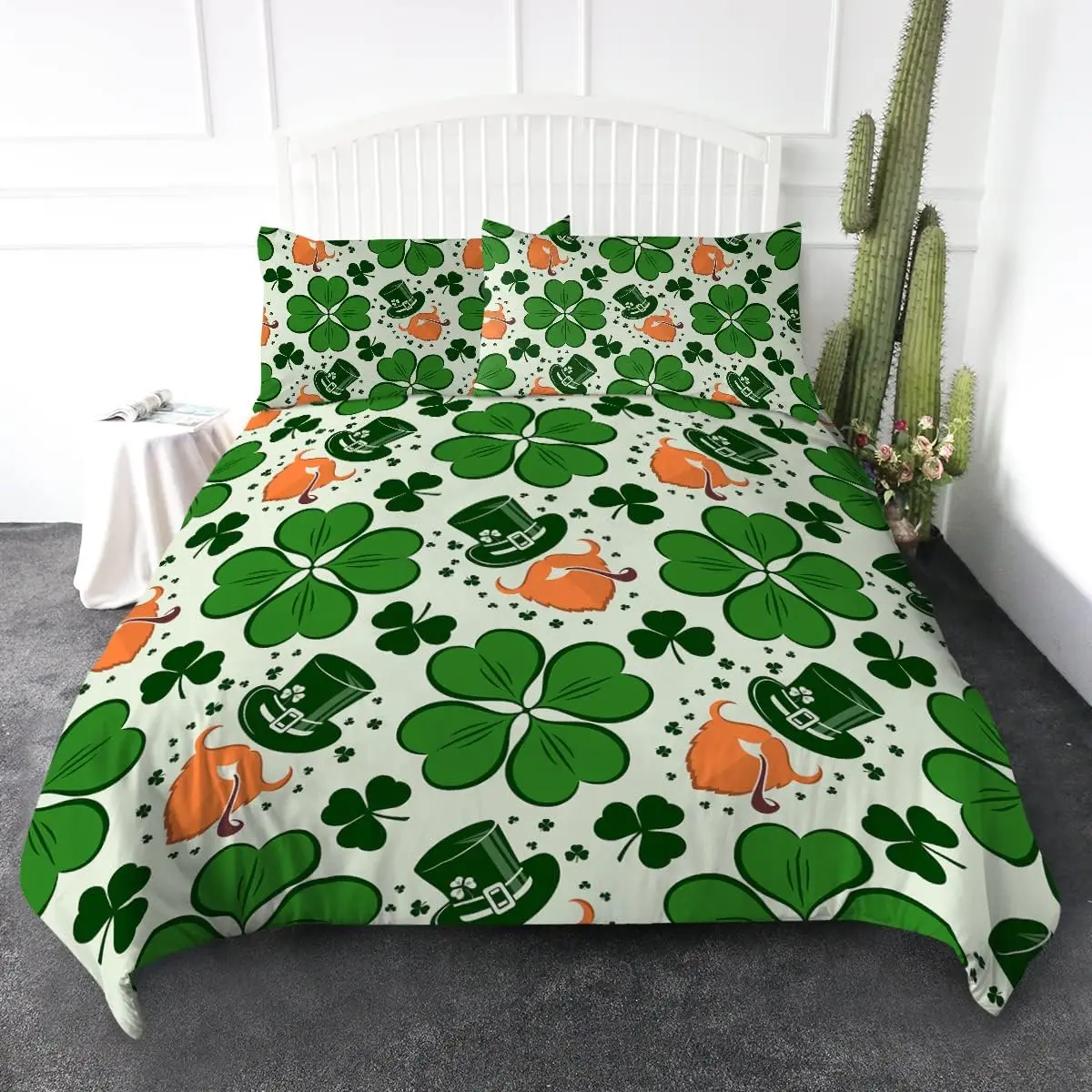 

St. Patrick's Day Bedding Set Leprechaun Shamrock Rainbow Duvet Cover Set 3 Pcs Four Leaf Clover Quilt Cover and 2 Pillowcase