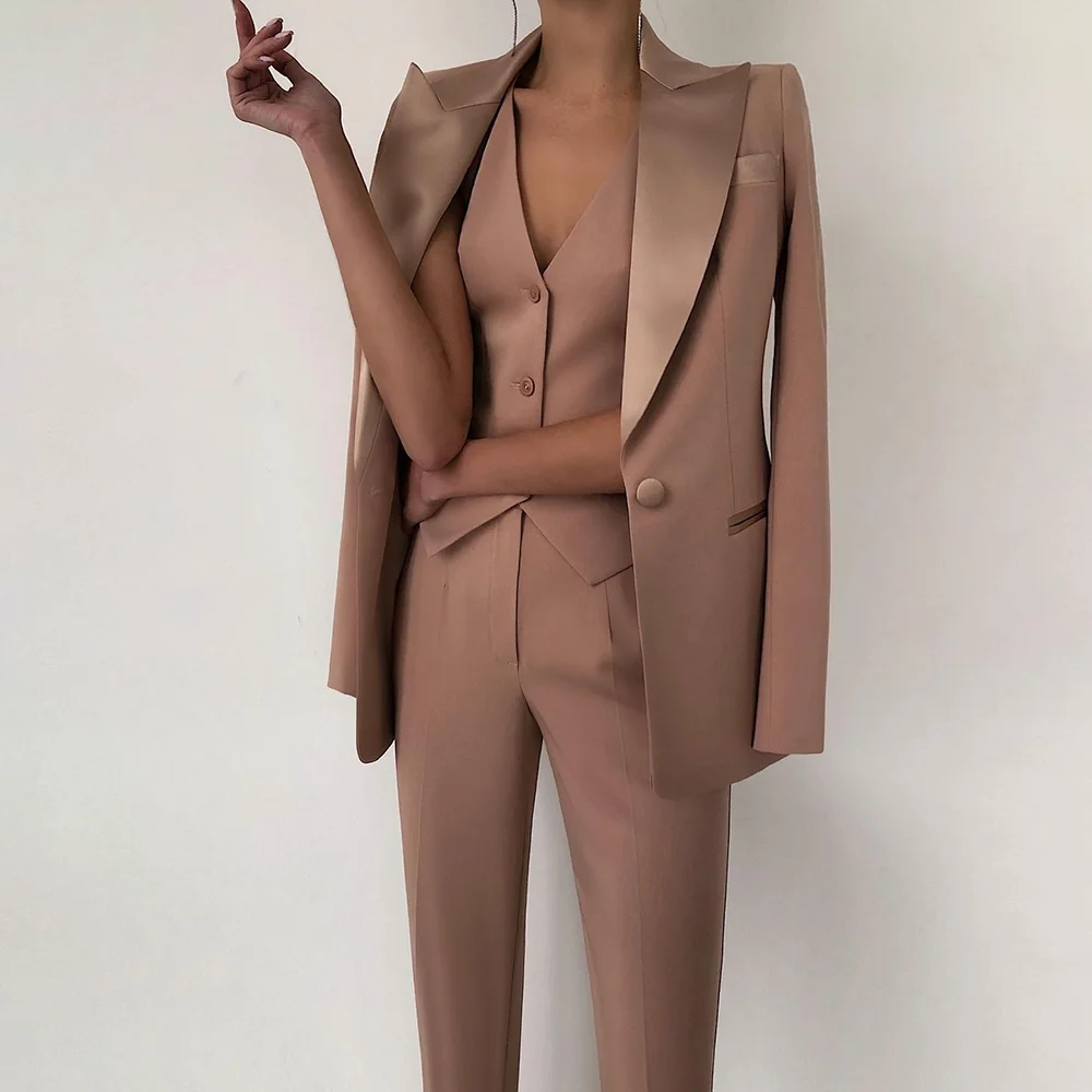 Elegant Women Single Breasted Suits 3 Piece Fashion Peak Lapel Solid Color Daily Office Work Business Outfits Jacket Vest Pants