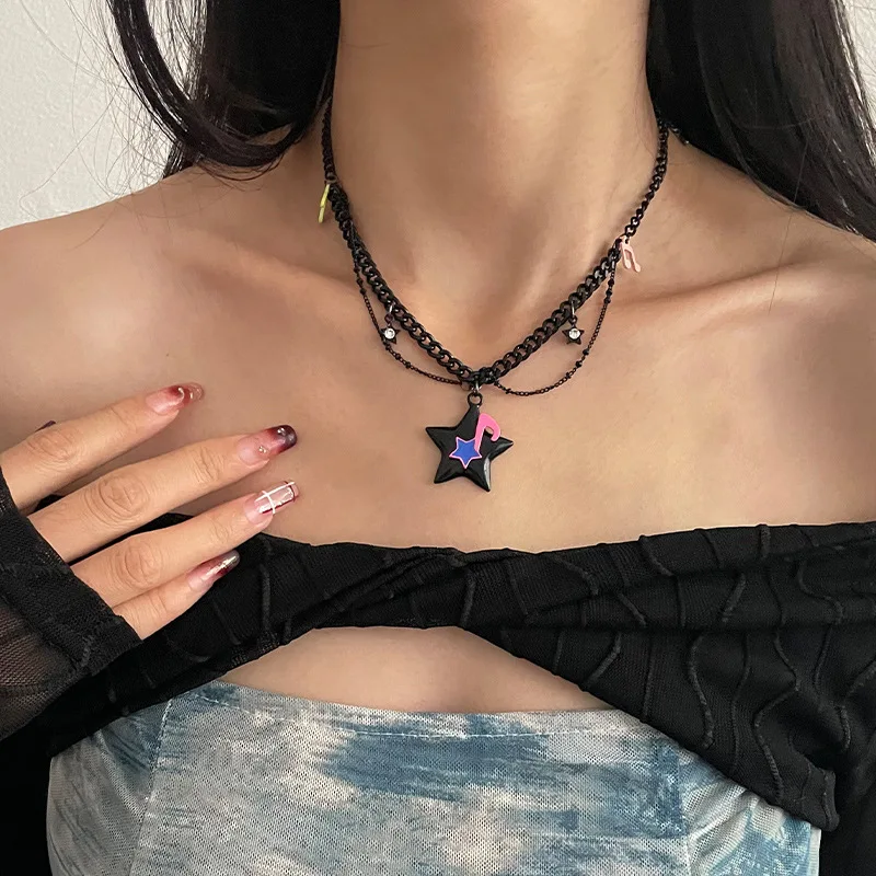 Hip hop Simple Black Clavicle Chain Chokers Femme Gift Fashion Cute Small Note Stars Pendant Necklaces Party Jewelry For Women