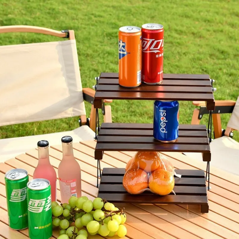 Metal Three Tier Folding Shelf Multifunctional Outdoor Camping Storage Rack Expandable Desktop Folding Wooden Folding Shelf