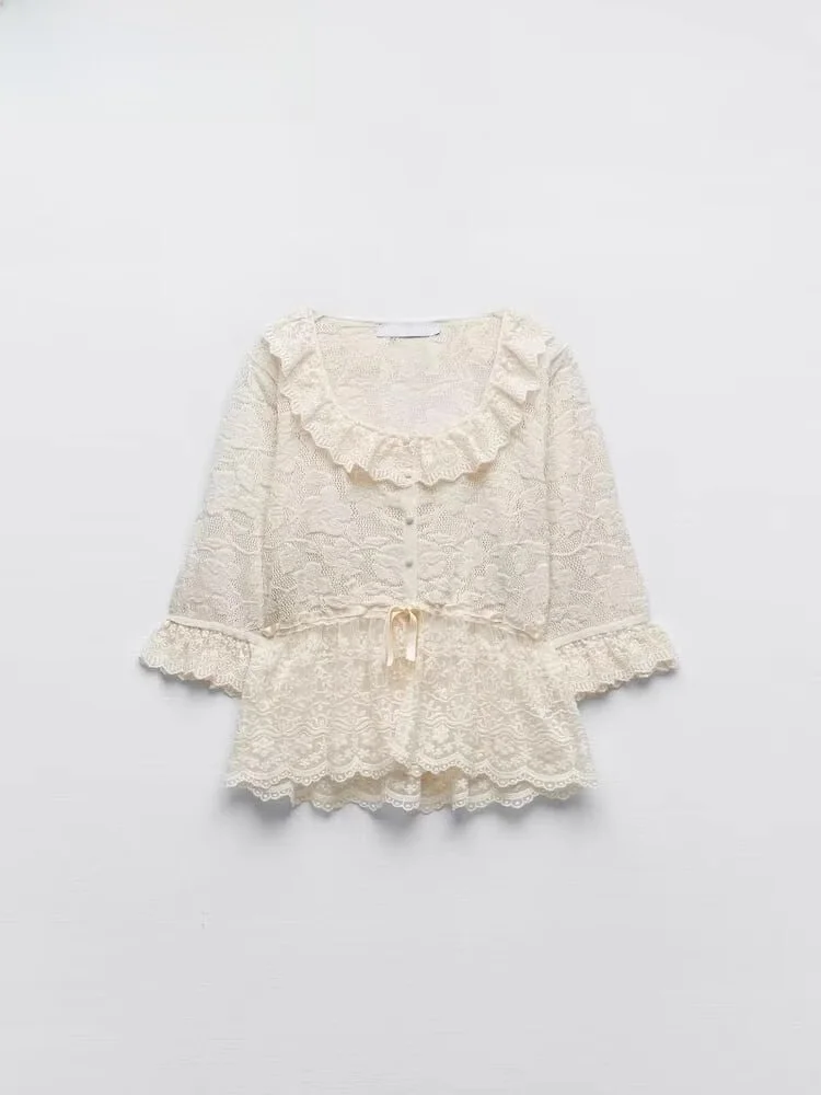 

Лето 2024, женский вязаный топ с кружевной отделкой и завязкой на талии, свободный крой V Ne, обычная длина све, чистый цвет